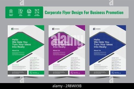 Layout volantino, modello layout volantino aziendale creativo in tre colori, Illustrazione Vettoriale