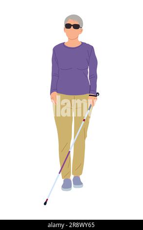 Illustrazione vettoriale donna anziana cieca su bianco. Illustrazione Vettoriale