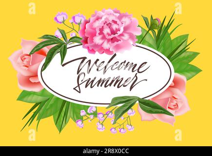 Scritta estiva di benvenuto con cornice ovale e fiori Illustrazione Vettoriale