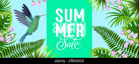 Saldi estivi con brillante design banner con foglie tropicali Illustrazione Vettoriale