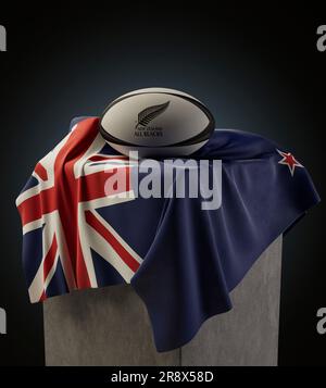 Una rappresentazione 3D di una palla da rugby generica impressa con il logo All Black appoggiato su una bandiera della nuova Zelanda drappeggiata - 29 marzo 2019 a Bristol, Regno Unito Foto Stock