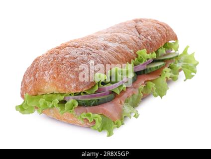 Delizioso sandwich con verdure fresche e salmone isolato su bianco Foto Stock