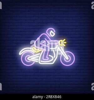 Uomo in moto su sfondo mattone. Vettore stile neon Illustrazione Vettoriale