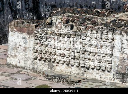 Muro di teschi di pietra chiamato Tzompantli, sito archeologico e museo di Templo Mayor, città del Messico, Messico Foto Stock