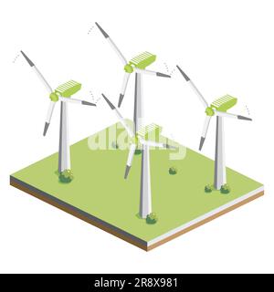 Wind Turbines Farm. Generatore di energia isometrico. Illustrazione vettoriale. Clean Eneergy. Illustrazione Vettoriale