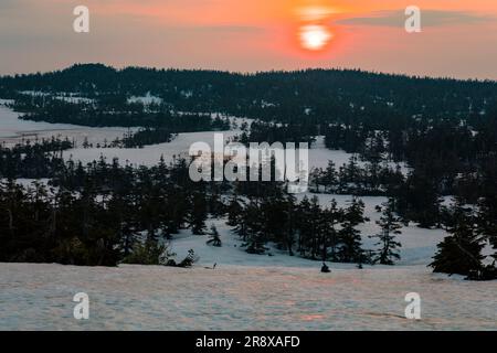 La palude di Hachimanuma con neve persistente al mattino Foto Stock
