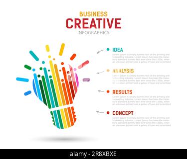Infografica aziendale creativa. idee di pensiero cervello, concetto di innovazione. Infografica luminosa con lampadina a incandescenza realizzata con strisce luminose. Vector Ill. (Guasto vettore Illustrazione Vettoriale