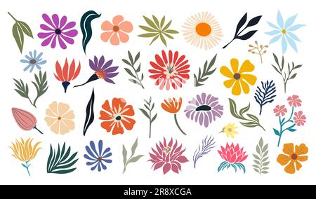 Set di elementi vettoriali disegnati a mano con motivi floreali. Illustrazione Vettoriale