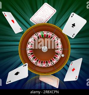 Roulette del casinò e carte da gioco volanti Illustrazione Vettoriale