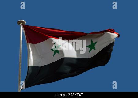 Bandiera della Siria che sventola nel vento. Con sfondo blu Foto Stock