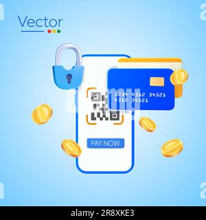 telefono 3d con codice qr, pulsante pay now sullo schermo, blocco protetto, carte di credito bancarie, monete mobili, isolato sullo sfondo. Concetto di progettazione per pagamenti sicuri, transazioni, banche. illustrazione vettoriale 3d. Illustrazione vettoriale Illustrazione Vettoriale