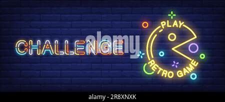 Banner in stile neon di gioco Petro PAC MAN su sfondo mattone Illustrazione Vettoriale