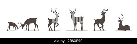 Set di silhouette di cervo. Animali selvatici con corna su sfondo bianco. Illustrazione piatta vettoriale Illustrazione Vettoriale