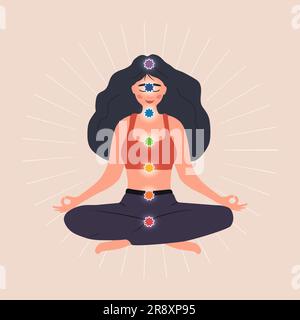 Sistema di sette chakra del corpo umano. Ayurveda, buddhismo e induismo. Medicina alternativa. Meditare una donna con centri energetici di base. Assistenza sanitaria Illustrazione Vettoriale