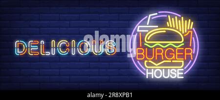 Delizioso hamburger House con insegna al neon Illustrazione Vettoriale