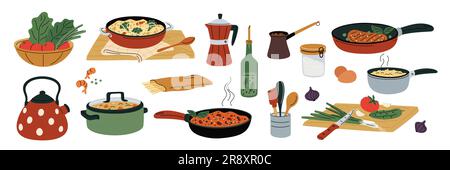 Cibo in padelle e padelle. Processo di cottura. Piatti da cucina con prodotti. Preparazione dei pasti. Prodotti grezzi e bolliti. Carne fritta. Taglio di verdure sa Illustrazione Vettoriale
