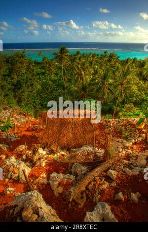 Vista dalla cima della scogliera dell'isola Panasia. Panasia è una spettacolare isola di barriera corallina sollevata che rende frastagliate scogliere calcaree nell'arcipelago Louisiade. Foto Stock