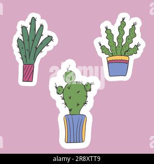 Set di graziosi adesivi di cactus in pentole. Piante indoor. Per la progettazione di biglietti, inviti o adesivi. Vettore isolato Illustrazione Vettoriale