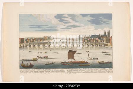 Vista del Westminster Bridge sul Tamigi a Londra, vista da nord, 1751. "Una vista a sud del Westminster Bridge". Il ponte fu progettato da Charles Labelye. Sullo sfondo, sulla destra dell'Abbazia di Westminster. Foto Stock