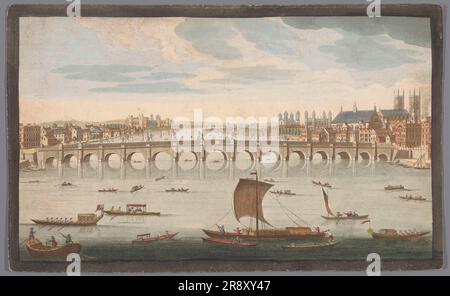 Vista del Westminster Bridge sul Tamigi a Londra, vista da nord, 1751. Sullo sfondo, sulla destra dell'Abbazia di Westminster. Foto Stock