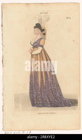 Magazine of Female Fashions of London and Paris, No. 5, maggio 1798: French Full Dress, 1798. Donna in francese Galajapon, copricapo con due piume grandi, un fan chiuso in mano. Foto Stock