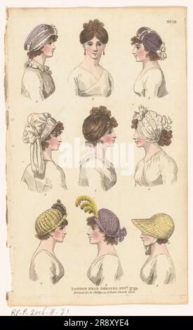 Rivista di Fashions femminili di Londra e Parigi. 19: London Head Dresses, 1799 settembre 1799. Foto Stock