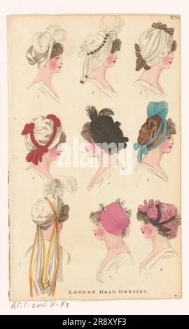 Magazine of Female Fashions of London and Paris, No. 33: London Head Dresses., 1798-1806. Foto Stock