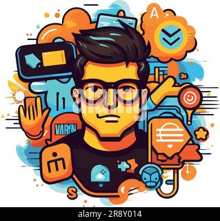 Icona con un uomo nel moderno mondo dell'informazione Illustrazione Vettoriale