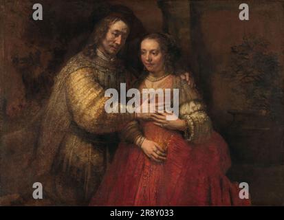 Isaac e Rebecca, conosciuti come &#x2018;The Jewish Bride&#x2019;, c.1665-c.1669. Altri titoli: Ritratto di una coppia come figure dell'Antico Testamento, noto come "la sposa ebraica". Sembra che Rembrandt abbia dipinto i suoi soggetti come la coppia biblica, Isaac e Rebecca. Il suo nome popolare, The Jewish Bride, è un'invenzione successiva. Il ritratto è dipinto con una mano straordinariamente libera, come nella manica, dove la vernice è particolarmente spessa e sagomata per riflettere la luce. Foto Stock