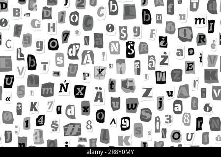 Modello di riscatto senza cuciture lettere in stile collage, numeri tagliati da giornali e riviste. Collezione vintage ABC. Carattere punk bianco e nero Illustrazione Vettoriale