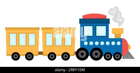 Treno a vapore Vector Blue. Divertente locomotiva o motore con carri gialli per bambini. Graziosa clip art per veicoli. Icona dei trasporti pubblici isolata su sfondo bianco Illustrazione Vettoriale