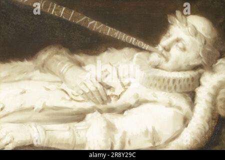 Dirk van Bronkhorst sul letto di morte durante l'assedio di Leida nel 1574, 1574-1599. Un uomo, probabilmente Dirk van Bronkhorst, il governatore militare di Leida, giace con una corona di alloro sulla testa e lo stemma della città di Leida si stringe al petto con la mano destra. Con il suo ultimo respiro dice "Houd het myn Leiden” - "Keep Leiden mine”. Soggetto precedentemente identificato come Principe Guglielmo d'Orange. Foto Stock