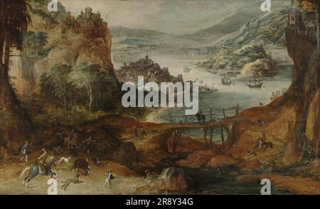 Paesaggio fluviale con caccia al cinghiale, c.1590-c.1635. Foto Stock