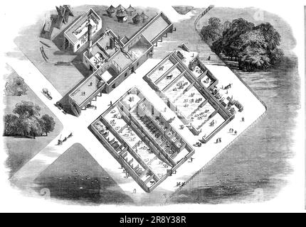 Edifici agricoli eretti per il conte di Macclesfield, a Shirburn, Oxon., 1857. Visualizza "...senza tetti...una caratteristica principale negli edifici è la natura estesa del reparto macchine e i diversi scopi per i quali è disponibile la potenza del vapore - vale a dire, per schiacciare il mais della fattoria, tagliare pula per cavalli e bovini, schiacciare avena e fagioli, macinare mais, aspira l'acqua da un pozzo profondo per alimentare una cisterna, dalla quale l'acqua viene convogliata mediante tubazioni di ferro in tutte le parti della fattoria, e anche per segare legname, sia in tondo che in tavola, per l'uso di t Foto Stock