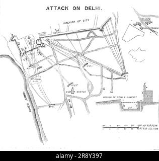 Piano dell'attacco a Delhi, 1857. Mappa della città durante il periodo dell'ammutinamento indiano, che mostra il castello di Ludlow, il fiume Jumna, la Custom House e la sezione di fosso e bastioni. Da "Illustrated London News", 1857. Foto Stock