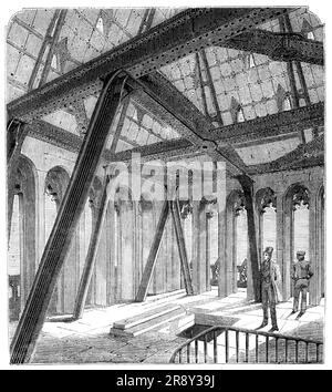 Belfry in the Clock Tower of the New Houses of Parliament, [Londra], 1857. La St Stephen's Tower, (in seguito ribattezzata Elizabeth Tower), ospita il "Big Ben", la grande Campana del grande Orologio di Westminster. "Questa camera, progettata per accogliere la grande campana e i suoi quattro quarti campane, si trova appena sopra la possente faccia dell'orologio... è illuminata da quattordici luci, O aperture - sette su ciascun lato - che serviranno anche per l'emissione di suoni dalle campane...[Visualizza che mostra] i fasci e gli standard da cui saranno sospesi i vari campanelli...ad ogni angolo saranno sospesi o Foto Stock