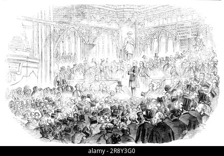 Elezione della città di Londra a Guildhall: Lord John Russell, M.P., ritorno grazie, 1857. "Lord J. Russell, accompagnato da vari membri della sua commissione, entrò nella sala e prese posizione sulle accuse, in mezzo a forti applausi, che furono vigorosamente rinnovati quando l'orologio di Guildhall indicava la chiusura del sondaggio..." disse: "Signori - siete senza dubbio consapevoli che il tempo per i membri che ritornano grazie è quando il sondaggio viene dichiarato lunedì, e, poiché il barone Lionel Rothschild non è qui, dovrei essere molto riluttante a fare un discorso in questo momento, in sua assenza. Comunque, signori Foto Stock