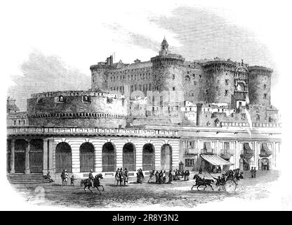 Castel nuovo, a Napoli, 1857. "...una delle reliquie più interessanti dell'architettura medievale di Napoli. Fu costruita, o iniziata, nel XIII secolo, da Carlo I., stanco della sua residenza a Castel Capuano, ora carceri della Vicaria. Un tempo sorgeva un convento di frati francescani sul sito del castello, ma le mura del monastero furono smantellate nel 1284 e sostituite dalle mura più bellicose del castello. Da quel momento ha portato il nome di Castel nuovo. Ha cinque torri principali, che sono ora incastrate all'interno del castello. Le forti opere esterne lo erano Foto Stock