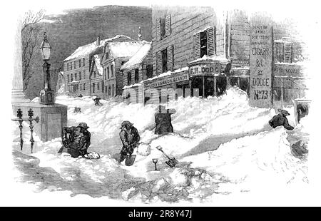 The Recent Deep Snow in Massachusetts: street in New Bedford, [USA], 1857. "Non per venticinque anni questa parte del paese è stata visitata (e il telegrafo - la nostra unica comunicazione da lontano - ci invia conti simili) da una tempesta di neve così pesante: una caduta di neve, accompagnata da un vento violento, alla deriva della neve in modo da tagliare tutte le comunicazioni ferroviarie, e completamente per ostacolare gli affari della città, tutti i negozi sono chiusi e l'unico business che fa è quello che viene chiamato "breakout" e " fare binari". Il New Bedford Evening Standard ci informa che Foto Stock