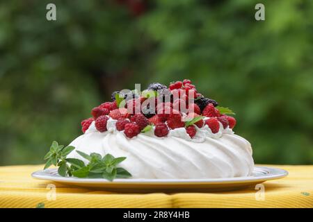 Pavlova cake - un dessert a base di meringa con fragole, more, lamponi e foglie di menta Foto Stock