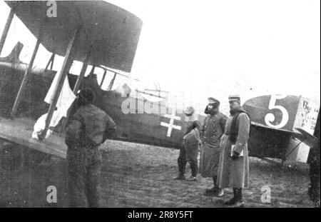 ''la Capitulation Allemande; le Departure du capitaine allemand von Geyer qui, le 11 novembre, porta de Tergnier a Spa, en avion, le texte des conditions d'armistizio', 1918. Da "l'album de la Guerre 1914-1919, volume 2" [l'Illustration, Paris, 1924]. Foto Stock