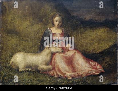 Donna con Unicorn, 1510 circa. Altri titoli: Santa Giustina (?) Come personificazione di Chastity. Foto Stock