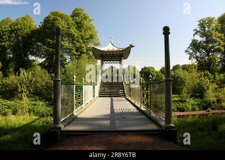 Ponte cinese che si estende su un fiume in un parco di campagna Foto Stock