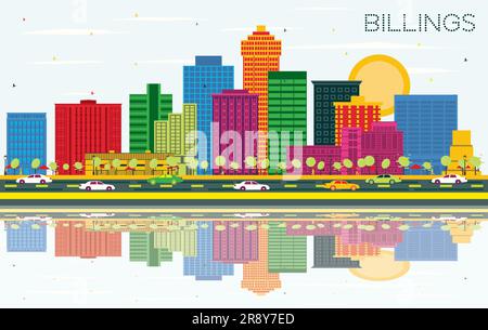 Skyline di Billings, Montana City, con edifici colorati, cielo blu e riflessi. Illustrazione vettoriale. Illustrazione Vettoriale