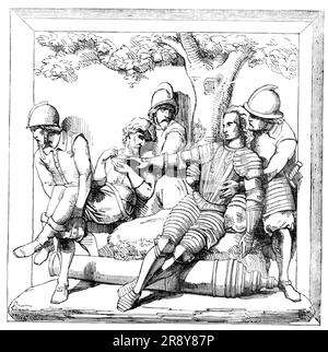 Le nuove camere del Parlamento - bassorilievi nella camera del Principe - la morte di Sir Philip Sidney a Zutphen, 1857. Uno dei ...series tableaux storici che arricchiscono le mura di questo elegante appartamento... questo è il noto e toccante incidente del valoroso e compiaciuto Sir Philip Sidney che rifiuta una tazza di acqua fredda, che era stato portato per placare la sua sete, in favore di uno dei suoi poveri soldati feriti, che egli dichiarò lo richiedeva più di lui. Questo nobile atto è ben raccontato in questo bassorilievo. Il generale ferito è seduto ai piedi di un albero, sostenuto da un alabarde; t Foto Stock