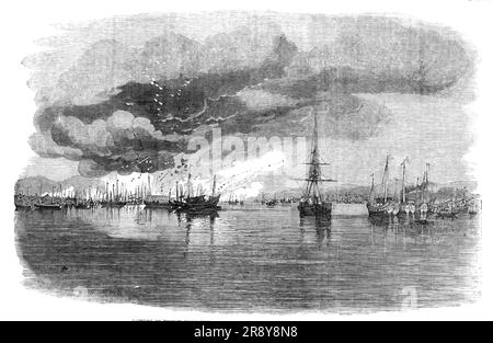 La guerra con la Cina - Cattura del forte francese Folly - cessazione dell'azione e esplosione di Junks, 1857. "La follia francese è ancora nelle mani dei cinesi, fortemente presidiata e pesantemente armata”. Da "Illustrated London News", 1857. Foto Stock