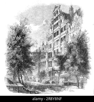 "The English House" a Dantzic, 1857. Edificio a Danzica, Polonia, costruito da Hans Kramer nel 1568-1570. "Questo è un interessante esempio della pittoresca architettura di strada dell'antica città di Dantzic, nota per il suo bel vecchio stile di costruzione. L'alta facciata a spiovente ha più di quattro secoli: Fu costruita nell'anno 1440, dalla Gilda dei mercanti di stoffa inglesi, come loro deposito e luogo di attività. Il fronte non ha mai subito alcuna modifica, ed è ora come è stato eretto. La casa è stata usata per il secolo scorso come albergo, &amp;c.. - il migliore della città; frequente Foto Stock