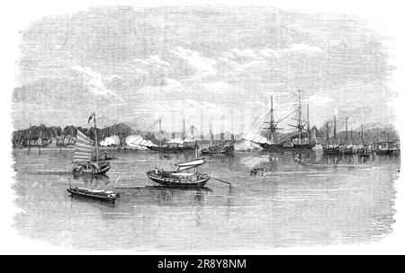 La guerra con la Cina - conquista del forte francese Folly, vicino a Canton, da parte di H.M.S. "Barracouta" e "Coromandel" - inizio dell'azione, 1857. "I consigli della Overland mail confermano la dichiarazione che abbiamo rilasciato la settimana scorsa riguardo agli americani che hanno partecipato alla lite. Sembra che una pinaccia appartenente alla fregata degli Stati Uniti Portsmouth sia stata colpita dai cinesi mentre suonava di fronte a un forte, e un uomo sia stato ucciso. L'ammiraglio americano bombardò il forte, e dopo una cannonata di un'ora e mezza, a cui i cinesi risposero vigorosamente Foto Stock