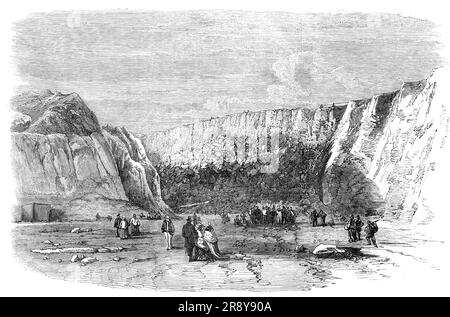 Holyhead Harbour Works - Vista della faccia della montagna dopo le operazioni di Grand Blasting, 16 gennaio 1857: La quantità di Quartz Rock ha spostato 120.000 tonnellate, con una carica di 16.000 libbre di polvere da sparo, 1857. Le operazioni e le disposizioni ingegneristiche erano sotto la direzione personale del signor Charles Rigby, assistito dal signor Reitheimer, L'ingegnere residente dell'azienda. Tutti i presenti erano molto gratificati e stupiti dagli effetti prodotti con tale certezza dalla potente agenzia della polvere da sparo e dalla batteria voltaica... [la] batteria è stata posizionata a breve distanza dalle cave e dalla spect Foto Stock