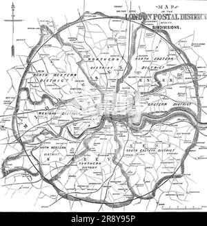 Mappa del London Postal District con le sue sottodivisioni, 1857. Distretti mostrati: Nord-ovest, nord, nord-est, est, sud-est, Sud, sud-ovest, ovest, centro occidentale, centro orientale. Da "Illustrated London News", 1857. Foto Stock